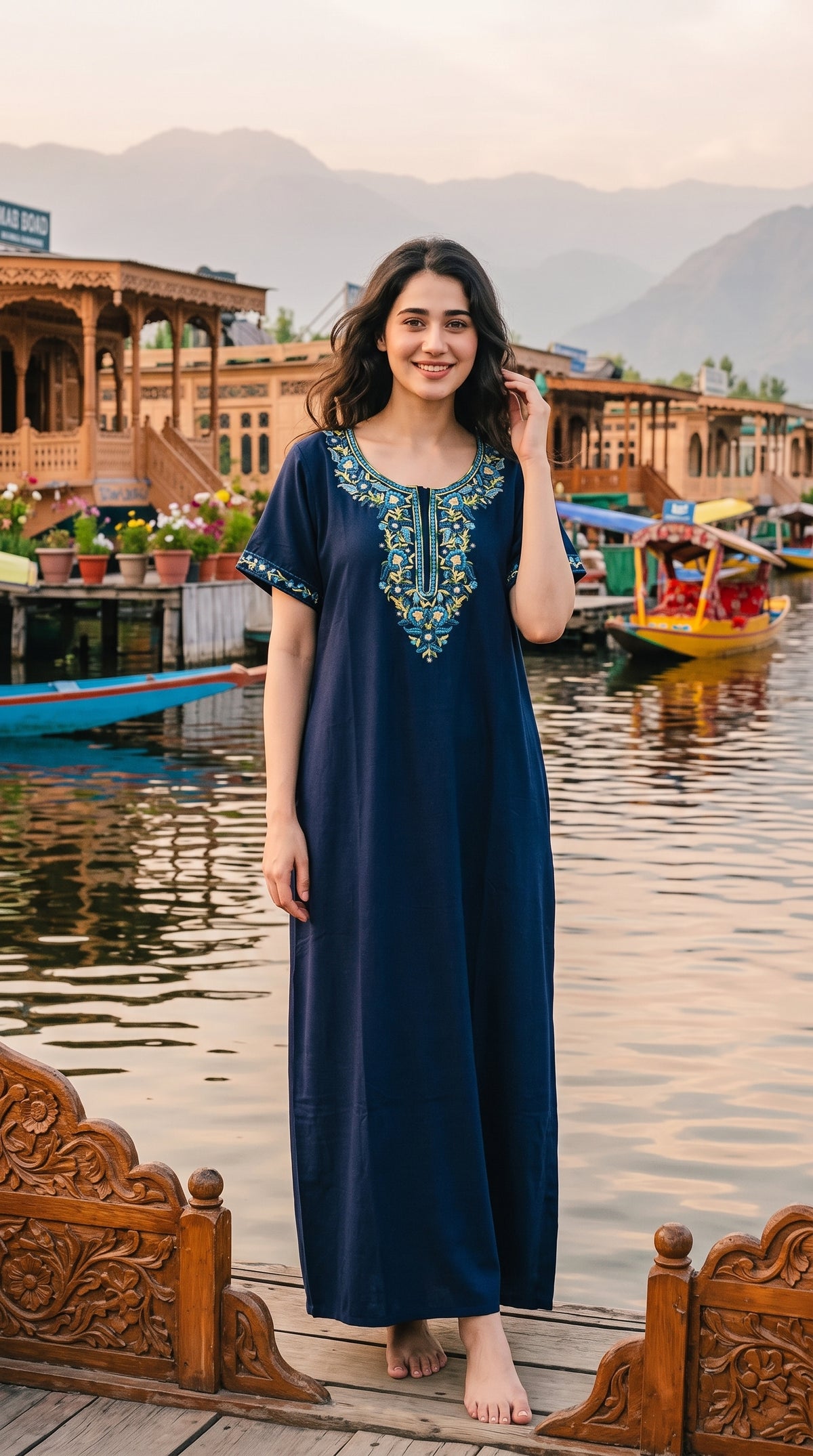 Women's Designer Kashmiri Embroidered Long Nightgown | Premium Bizzy Lizzy Fabric | Full Length Maxi Nighty | Soft, Breathable & Comfortable Sleepwear | Daily Wear & Lounge Wear