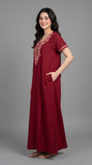 Women's Designer Kashmiri Embroidered Long Nightgown | Premium Bizzy Lizzy Fabric | Full Length Maxi Nighty | Soft, Breathable & Comfortable Sleepwear | Daily Wear & Lounge Wear