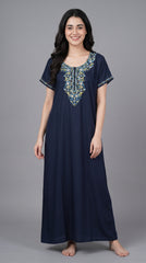 Women's Designer Kashmiri Embroidered Long Nightgown | Premium Bizzy Lizzy Fabric | Full Length Maxi Nighty | Soft, Breathable & Comfortable Sleepwear | Daily Wear & Lounge Wear