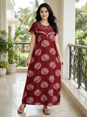 Premium Alpine Fabric Long Nightgown with Embroidery for Women with Side Pocket | Soft Breathable Fabric | Printed Maxi Nighty | Comfortable Daily Wear