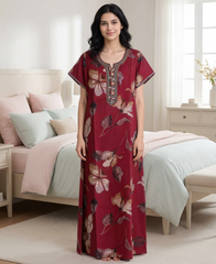 🌸 Alpine Women’s Printed Long Nightgown | Short Sleeves | Full-Length | Side Pocket | Soft Comfortable Nightwear