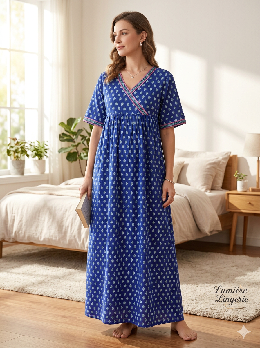 Women’s Cotton Printed Maxi Nightgown | Comfortable Loose Fit Long Night Dress | Soft Breathable Nightwear with Short Sleeves