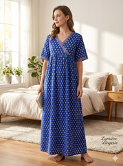 Women’s Cotton Printed Maxi Nightgown | Comfortable Loose Fit Long Night Dress | Soft Breathable Nightwear with Short Sleeves
