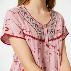 Alpine Designer Long embroidered Nighty for Women with Side Pocket | Soft Breathable Fabric | Printed Maxi Nighty | Comfortable Daily Wear