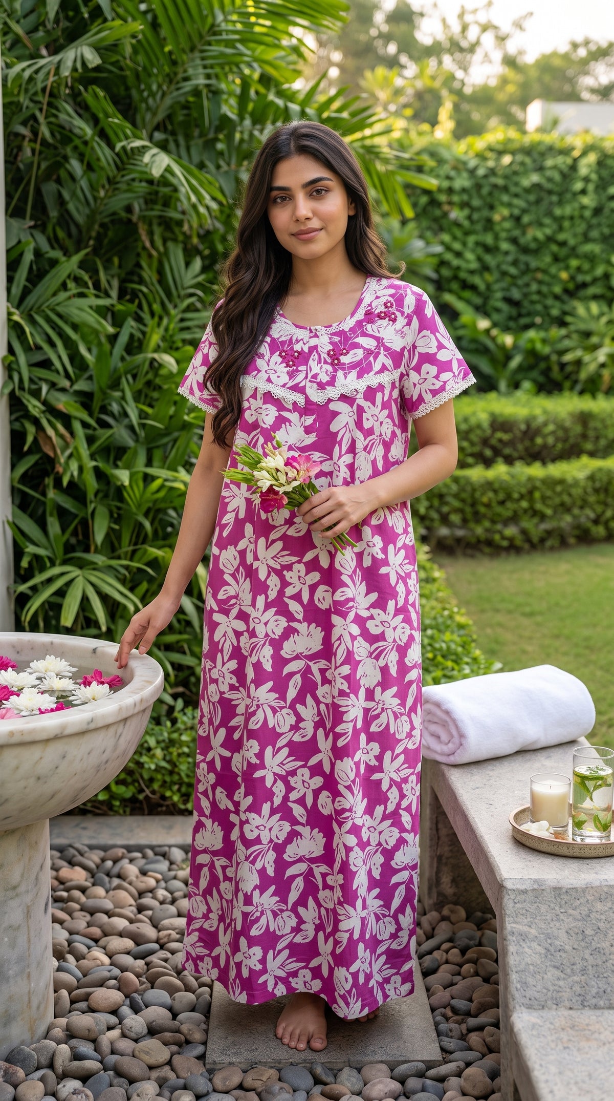 TENCEL™ × Bamboo Luxury Fabric – long nightgown Ultra-Soft, Silky, Breathable & Eco-Friendly. Our most comfortable ever in tonal embroideries for that minimal look,