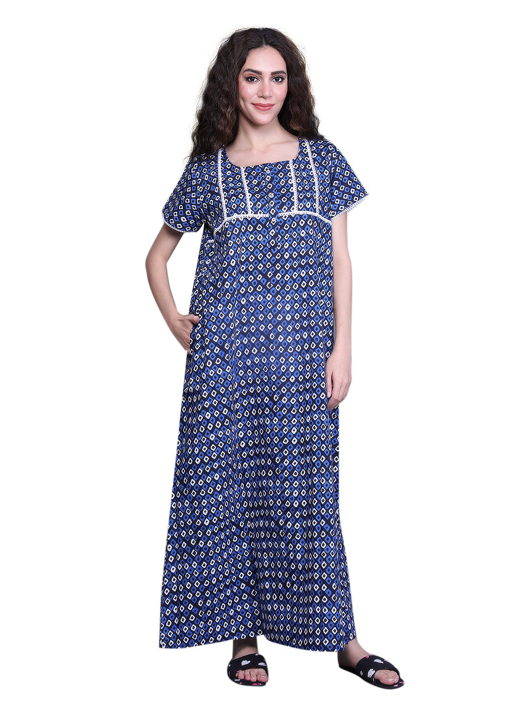 Printed Short Sleeves Full Length Night Wear Gown