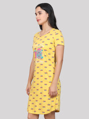 Evolove Women's 100% Cotton Printed Knee Length Casual Regular Short Nightgown ( Yellow)