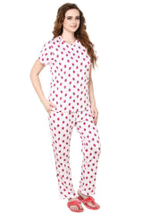 evolove Pastel Pink Round neck Strawberry Print Women's (Pajama set), (White & Pink), M