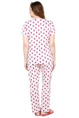 evolove Pastel Pink Round neck Strawberry Print Women's (Pajama set), (White & Pink), M