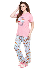 evolove Passion Pink Round neck Burger & Fries Printed Women's (Pajama set), (Pink & Blue), S