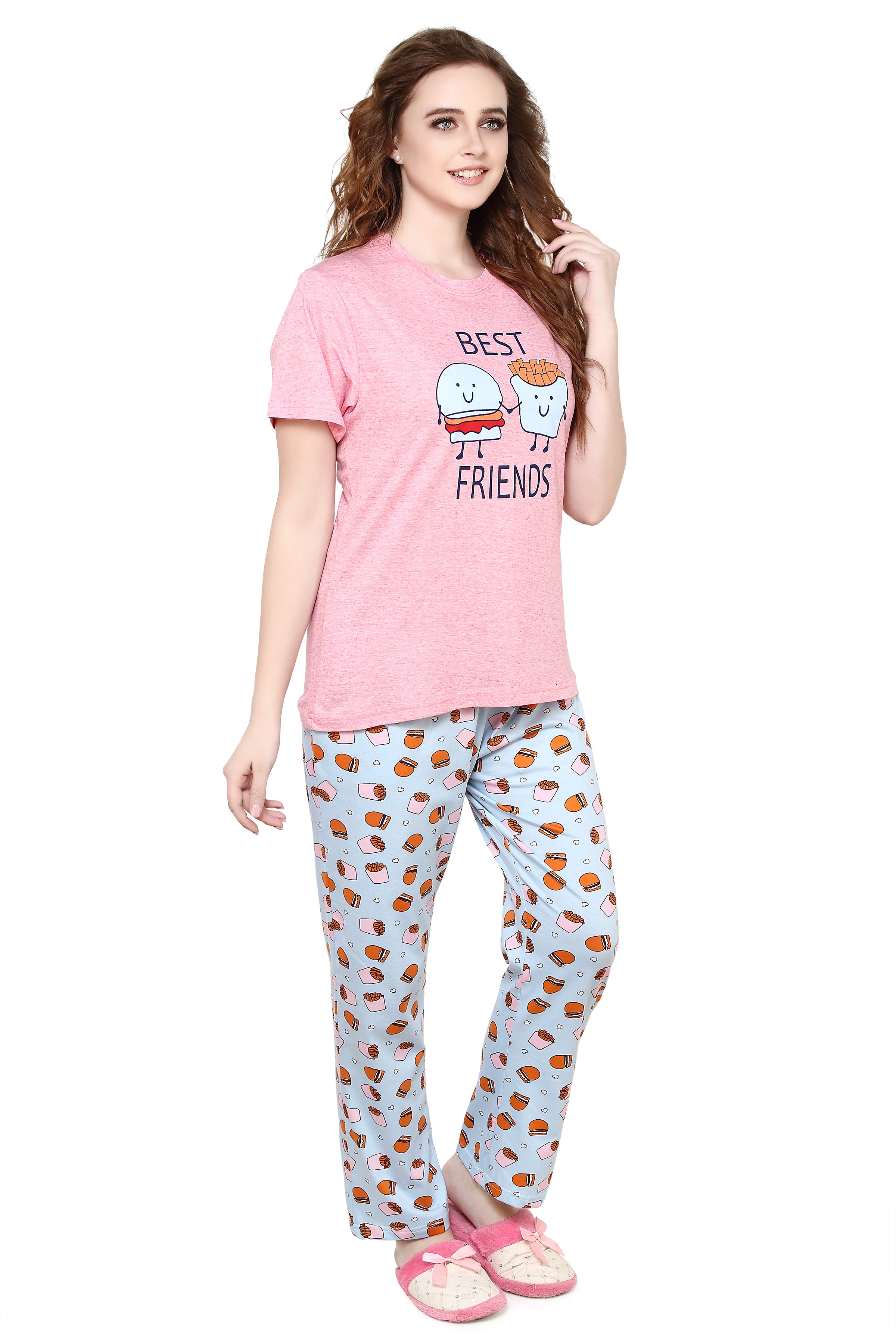 evolove Passion Pink Round neck Burger & Fries Printed Women's (Pajama set), (Pink & Blue), S Get free eyemask inside of any design
