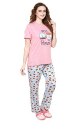 evolove Passion Pink Round neck Burger & Fries Printed Women's (Pajama set), (Pink & Blue), S