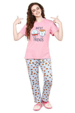 evolove Passion Pink Round neck Burger & Fries Printed Women's (Pajama set), (Pink & Blue), S Get free eyemask inside of any design