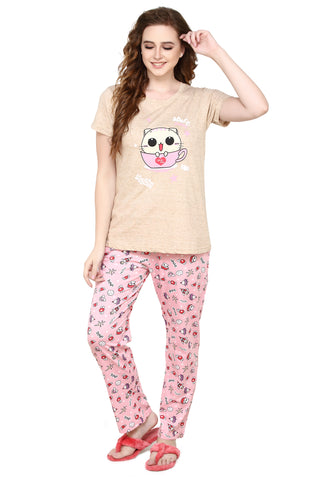 evolove Boring Beige Round neck Space & Cat Printed Women's (Pajama set), (Beige & Pink), S Get free eyemask inside of any design