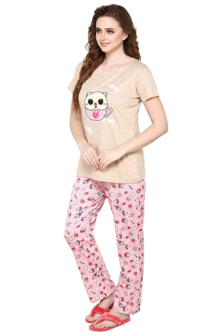 evolove Boring Beige Round neck Space & Cat Printed Women's (Pajama set), (Beige & Pink), S Get free eyemask inside of any design