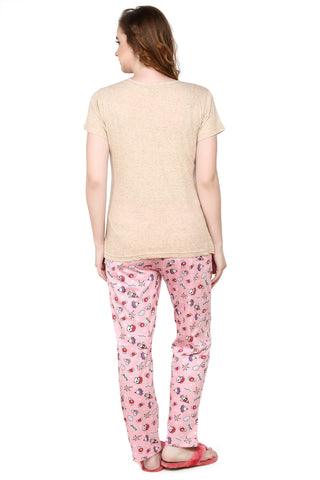 evolove Boring Beige Round neck Space & Cat Printed Women's (Pajama set), (Beige & Pink), S Get free eyemask inside of any design