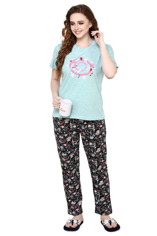 Evolove Scuba Blue Round Neck Moon and Galaxy print Women's (Pajama set), (Turquoise & Black) Get free eyemask inside of any design