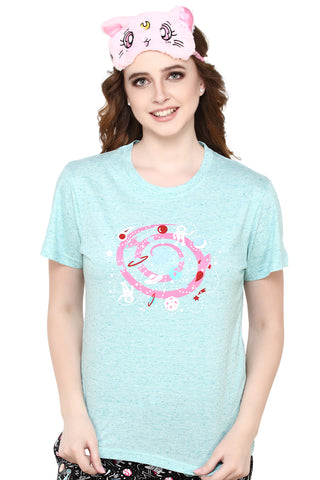 Evolove Scuba Blue Round Neck Moon and Galaxy print Women's (Capri set), (Turquoise & Black), S Get free eyemask inside of any design