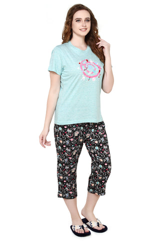 Evolove Scuba Blue Round Neck Moon and Galaxy print Women's (Capri set), (Turquoise & Black), S Get free eyemask inside of any design