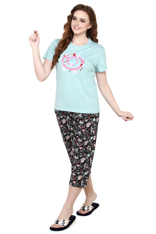 Evolove Scuba Blue Round Neck Moon and Galaxy print Women's (Capri set), (Turquoise & Black), S Get free eyemask inside of any design