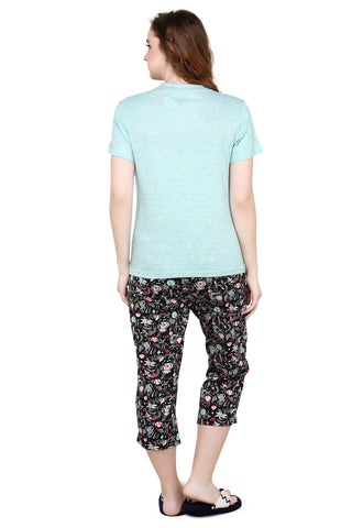 Evolove Scuba Blue Round Neck Moon and Galaxy print Women's (Capri set), (Turquoise & Black), S Get free eyemask inside of any design