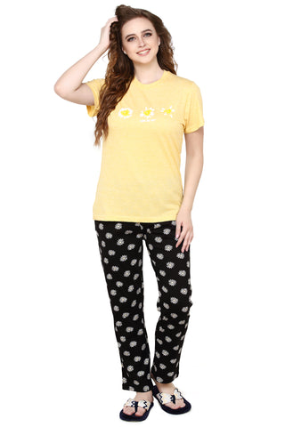 evolove Buttercup Round Neck Flower print Women's (Pajama set), (Yellow & Black), S Get free eyemask inside of any design