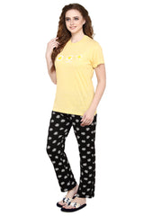 evolove Buttercup Round Neck Flower print Women's (Pajama set), (Yellow & Black), S