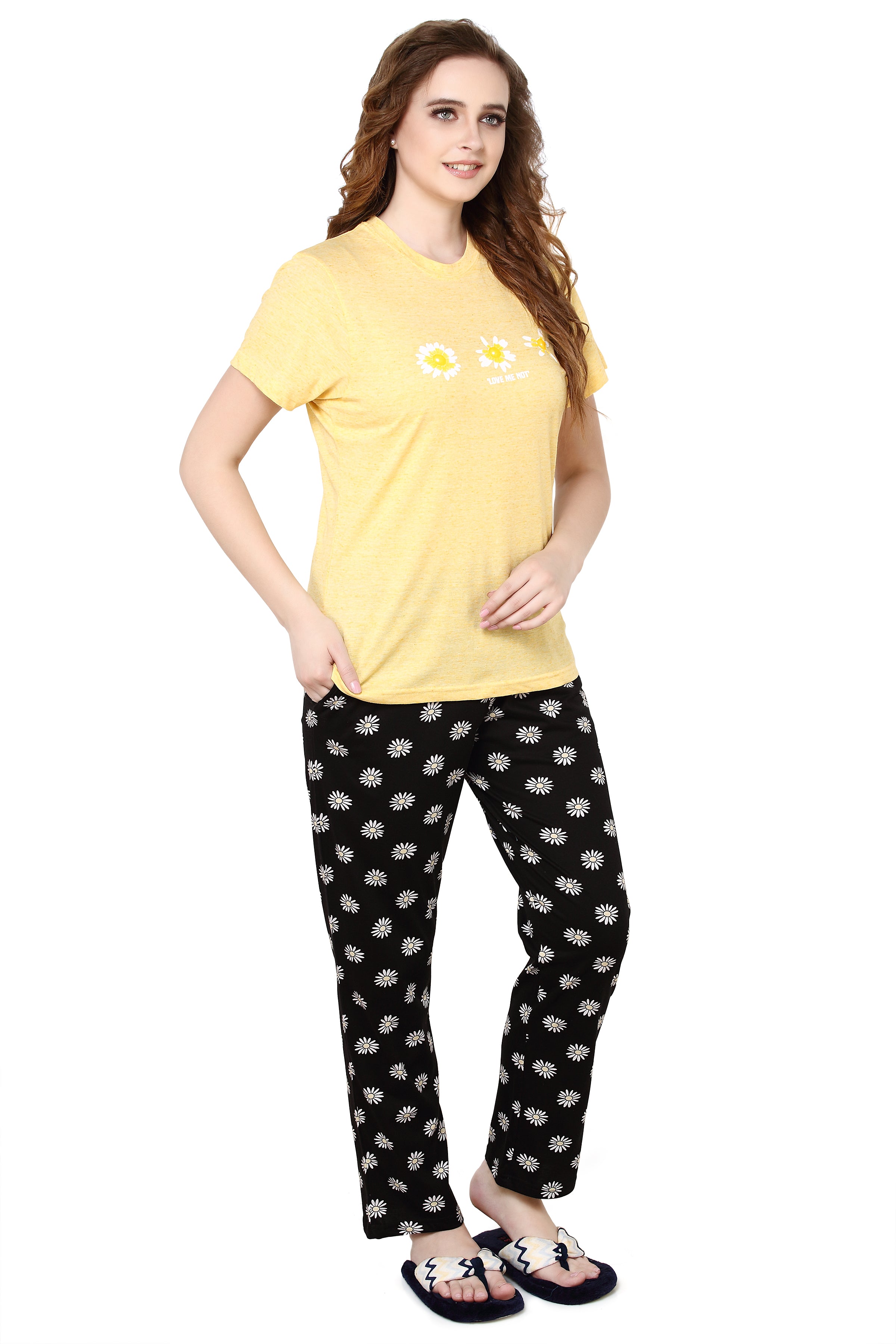 evolove Buttercup Round Neck Flower print Women's (Pajama set), (Yellow & Black), S Get free eyemask inside of any design
