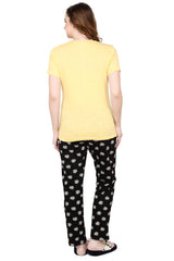 evolove Buttercup Round Neck Flower print Women's (Pajama set), (Yellow & Black), S