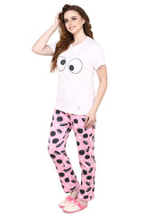 evolove Pearl White Round Neck Oreo print Women's (Pajama set), (White & Pink), S