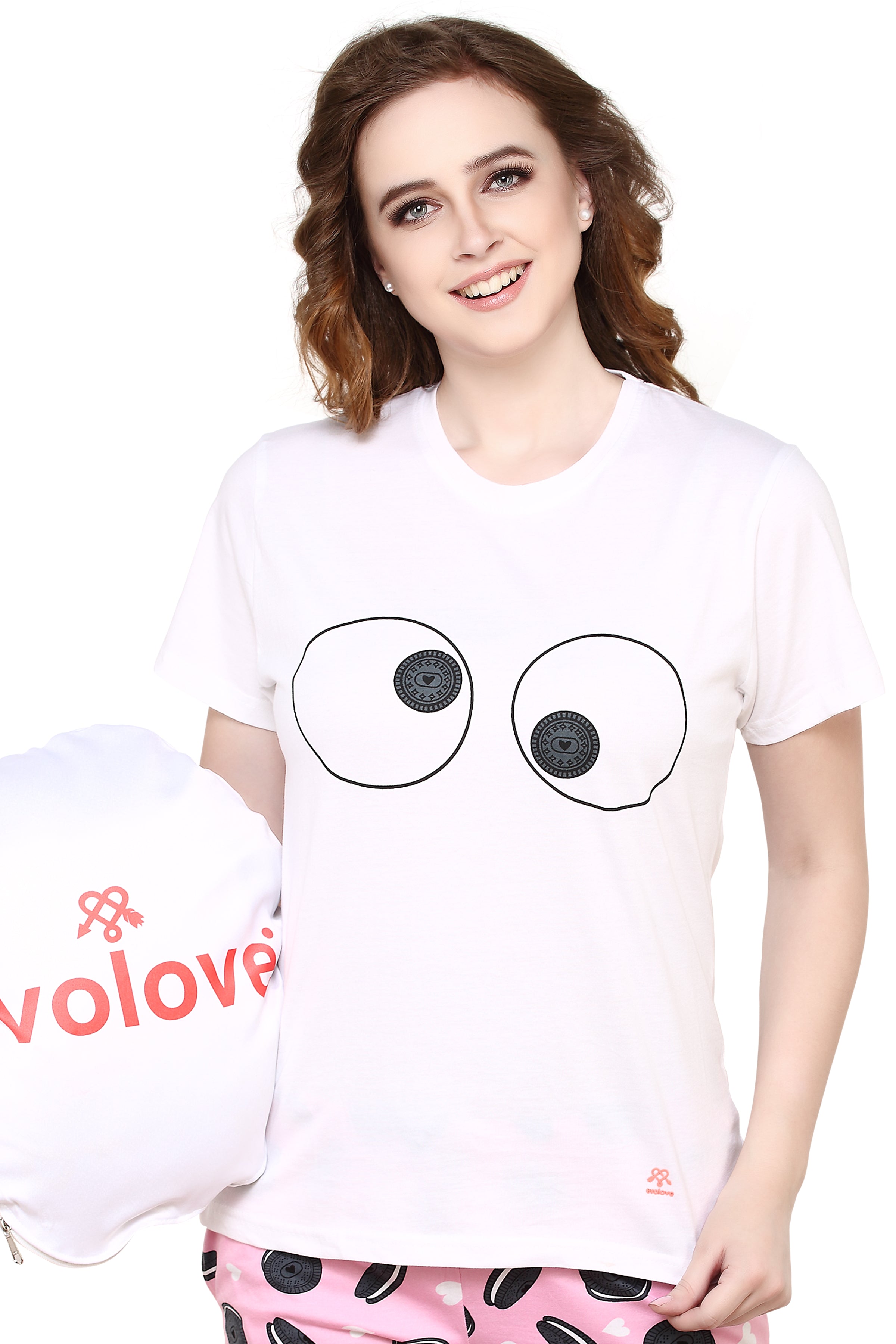 evolove Pearl White Round Neck Oreo print Women's (Pajama set), (White & Pink), S