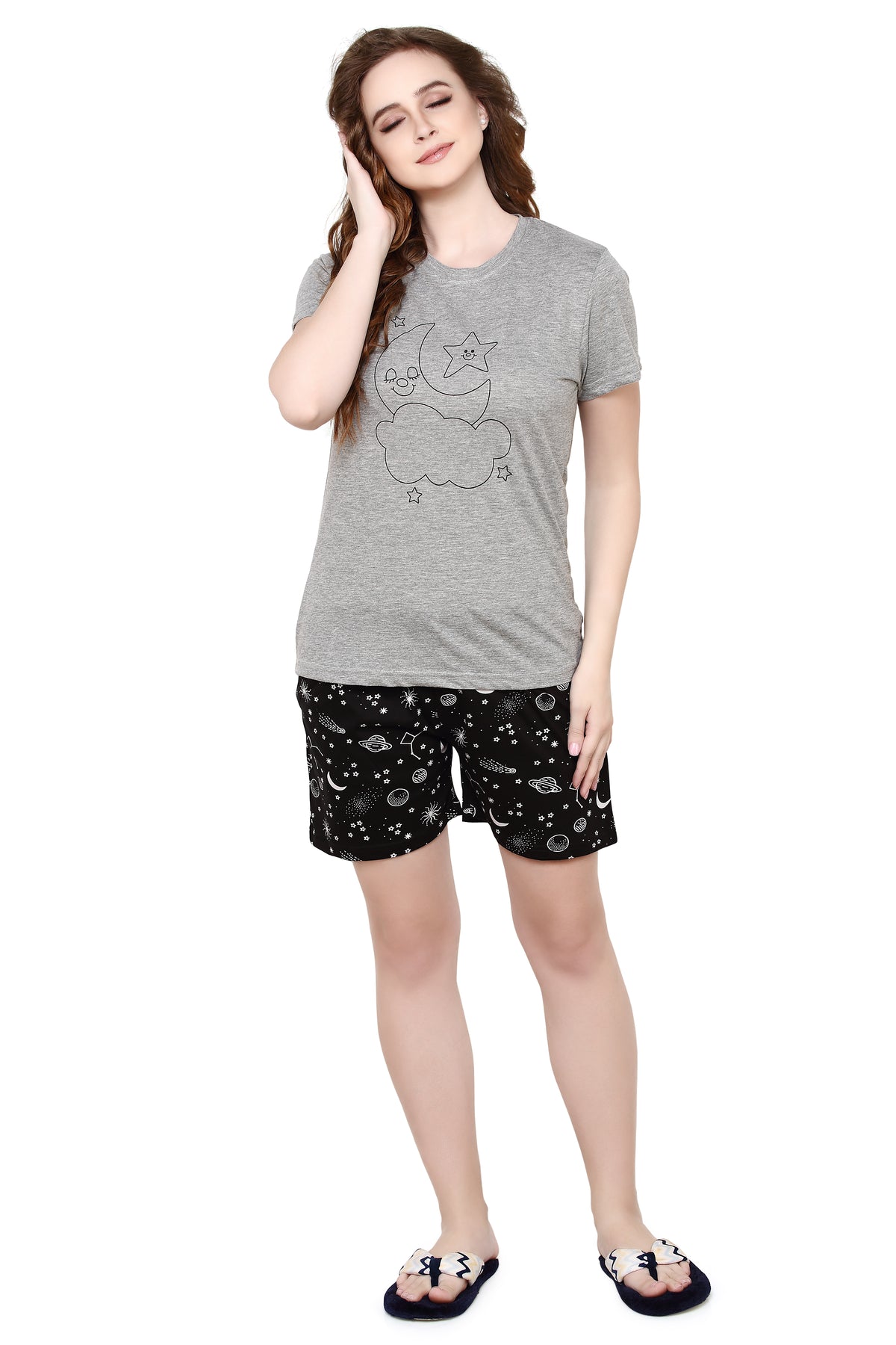 evolove Castor Grey Round Neck Galaxy print Women's (Shorts set), (Grey & Black)