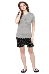 evolove Castor Grey Round Neck Galaxy print Women's (Shorts set), (Grey & Black)