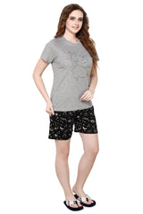 evolove Castor Grey Round Neck Galaxy print Women's (Shorts set), (Grey & Black)