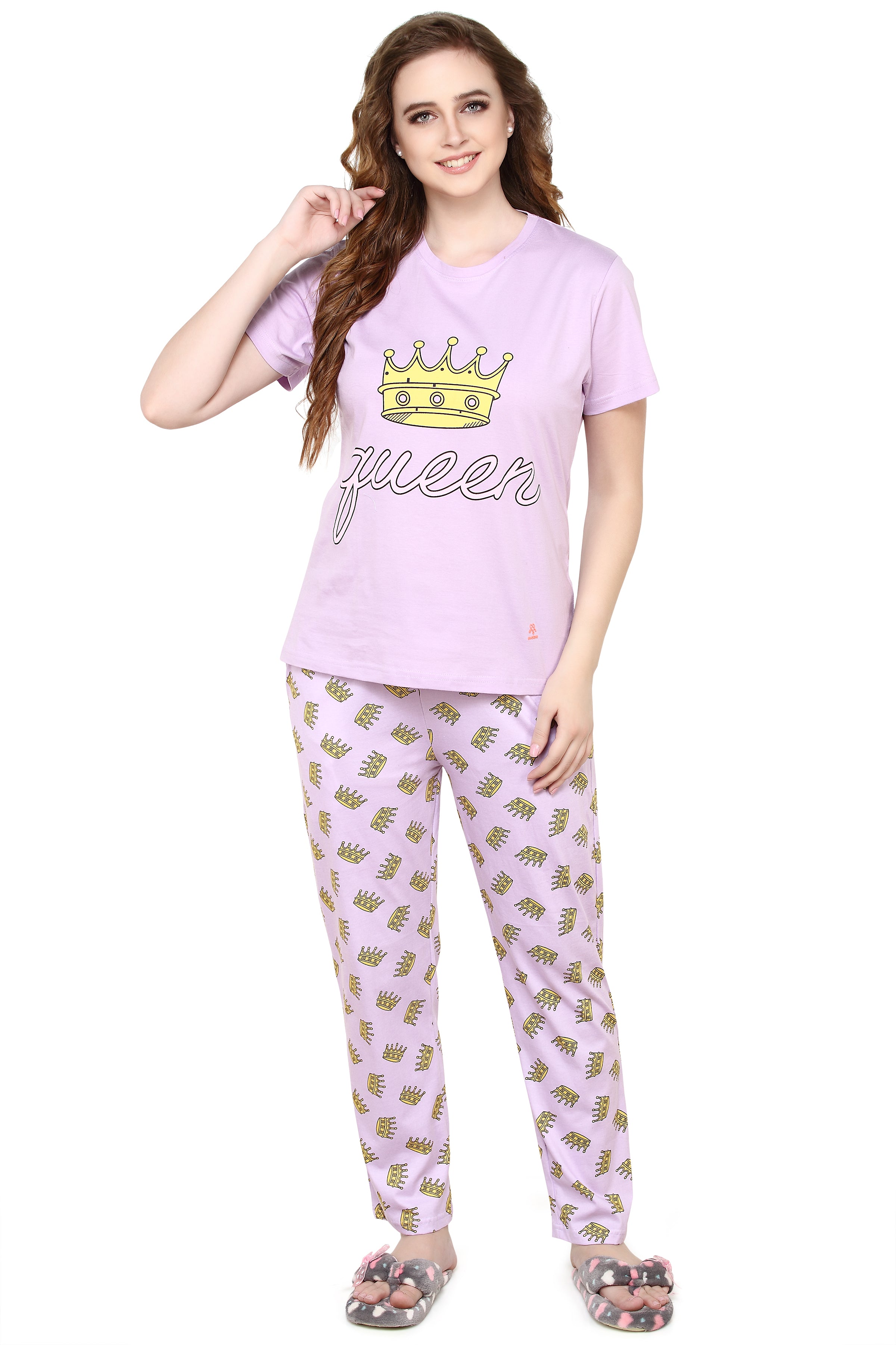 evolove Lilac Sachet Round Neck Crown & Queen print Women's (Pajama set), (Lavender), M Get free eyemask inside of any design