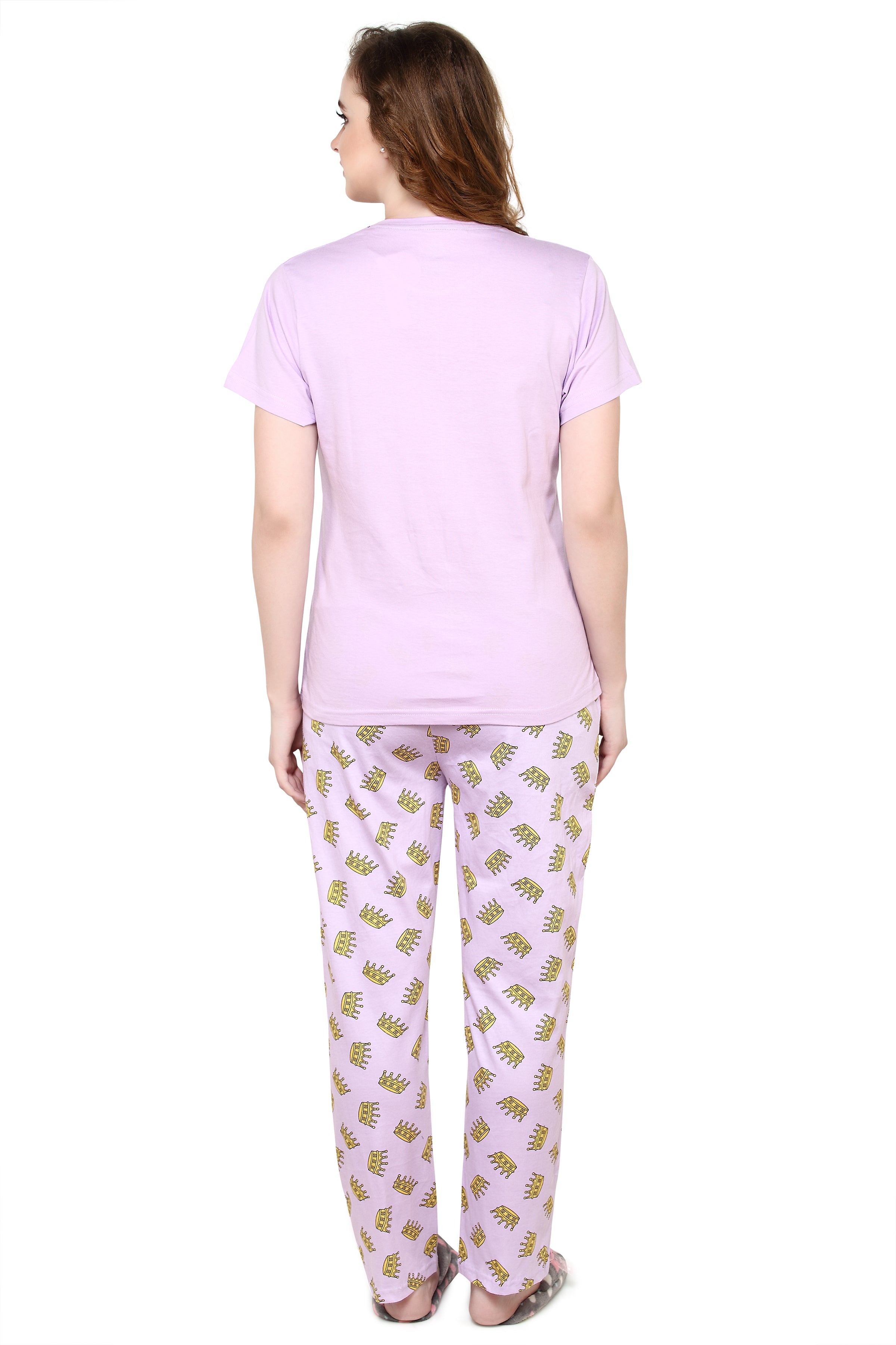 evolove Lilac Sachet Round Neck Crown & Queen print Women's (Pajama set), (Lavender), M Get free eyemask inside of any design