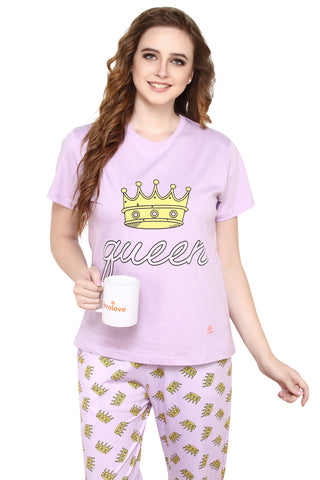 Evolove Lilac Sachet Round Neck Crown & Queen print Women's (Capri set), (Lavender) Get free eyemask inside of any design