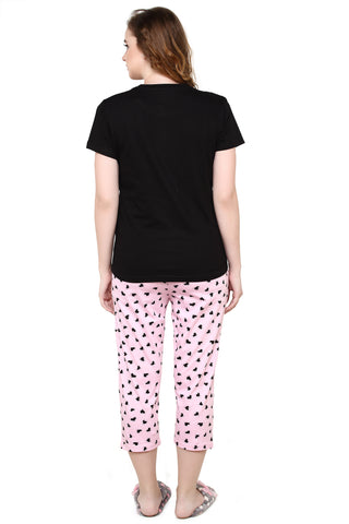 Evolove Jet Black Round Neck Cat & Heart print Women's (Capri set), (Black & Pink), S Get free eyemask inside of any design