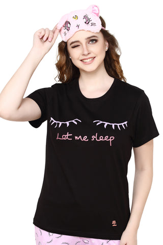 Evolove Violete Tulle Round Neck Sleep print Women's (Capri set), (Black & Violete Tulle), S Get free eyemask inside of any design