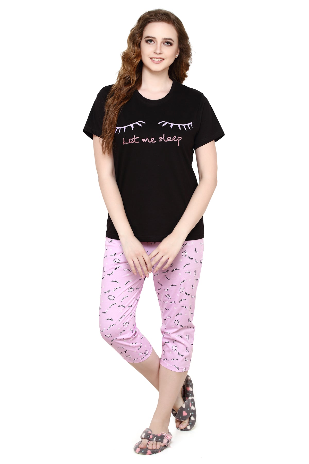 Evolove Violete Tulle Round Neck Sleep print Women's (Capri set), (Black & Violete Tulle), S Get free eyemask inside of any design