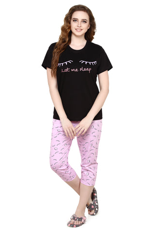 Evolove Violete Tulle Round Neck Sleep print Women's (Capri set), (Black & Violete Tulle), S Get free eyemask inside of any design
