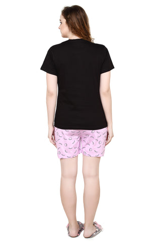evolove Violete Tulle Round Neck Sleep print Women's (Shorts set), (Black & Violete Tulle), M Get free eyemask inside of any design
