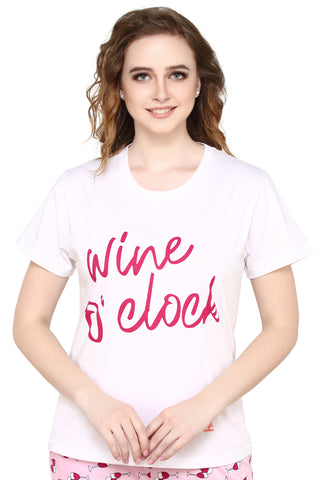 evolove Candy Pink Round Neck Wine Print Women's (Pajama set), (White & Candy Pink) Get free eyemask inside of any design