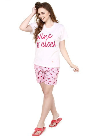 evolove Candy Pink Round Neck Wine Print Women's (Shorts set), (White & Candy Pink), S Get free eyemask inside of any design