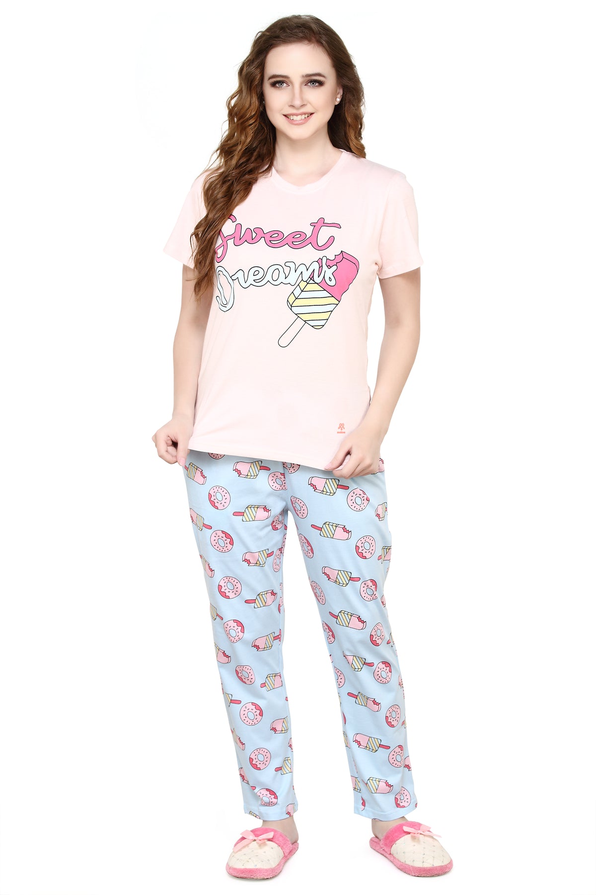 evolove Peach Dust Round Neck Candy Print Women's (Pajama set), (Peach Dust & Alashkan Blue), L Get free eyemask inside of any design