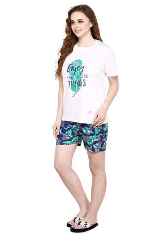 evolove Cloud Dancer Round Neck Candy Print Women's (Shorts set), (White & Navy Blue), M Get free eyemask inside of any design