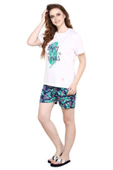 evolove Cloud Dancer Round Neck Candy Print Women's (Shorts set), (White & Navy Blue), M