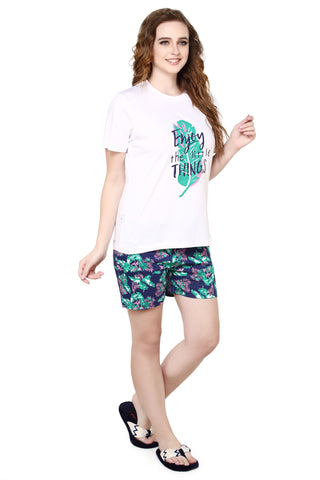 evolove Cloud Dancer Round Neck Candy Print Women's (Shorts set), (White & Navy Blue), M Get free eyemask inside of any design