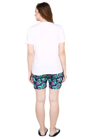 evolove Cloud Dancer Round Neck Candy Print Women's (Shorts set), (White & Navy Blue), M Get free eyemask inside of any design