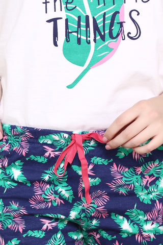 evolove Cloud Dancer Round Neck Candy Print Women's (Shorts set), (White & Navy Blue), M Get free eyemask inside of any design